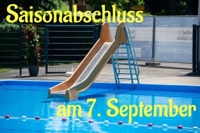 Saisonabschluss am 07.09.2025 Bild Freibad Gnötzheim mit Wasserrutsche und Hinweis auf Saisonabschluss am 07.09.2025